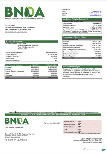 Mali Banque Nationale de Développement Agricole (BNDA) mortgage statement Word and PDF template